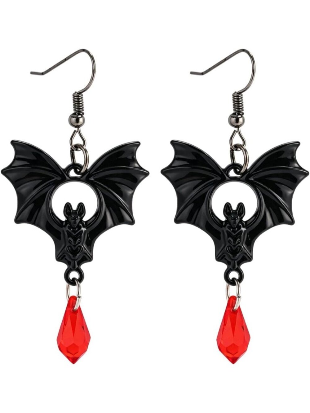 Women's Black Bat 1 Pair Gothic Bat Red Crystal Dangle Drop Halloween Earrings